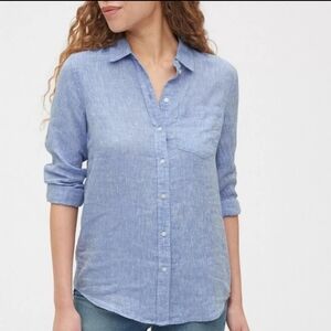 GAP Light Blue Linen Boyfriend Shirt Button Front Collar Relaxed Long Sleeve- L